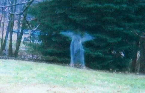 What looks to be an angel appears in a yard or field...